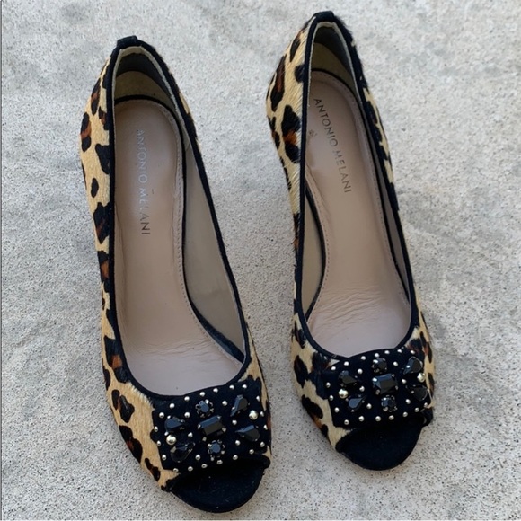 ANTONIO MELANI Pony Hair Leopard Print Peep Toe High Heels Women's Size 8.5 - Picture 4 of 8